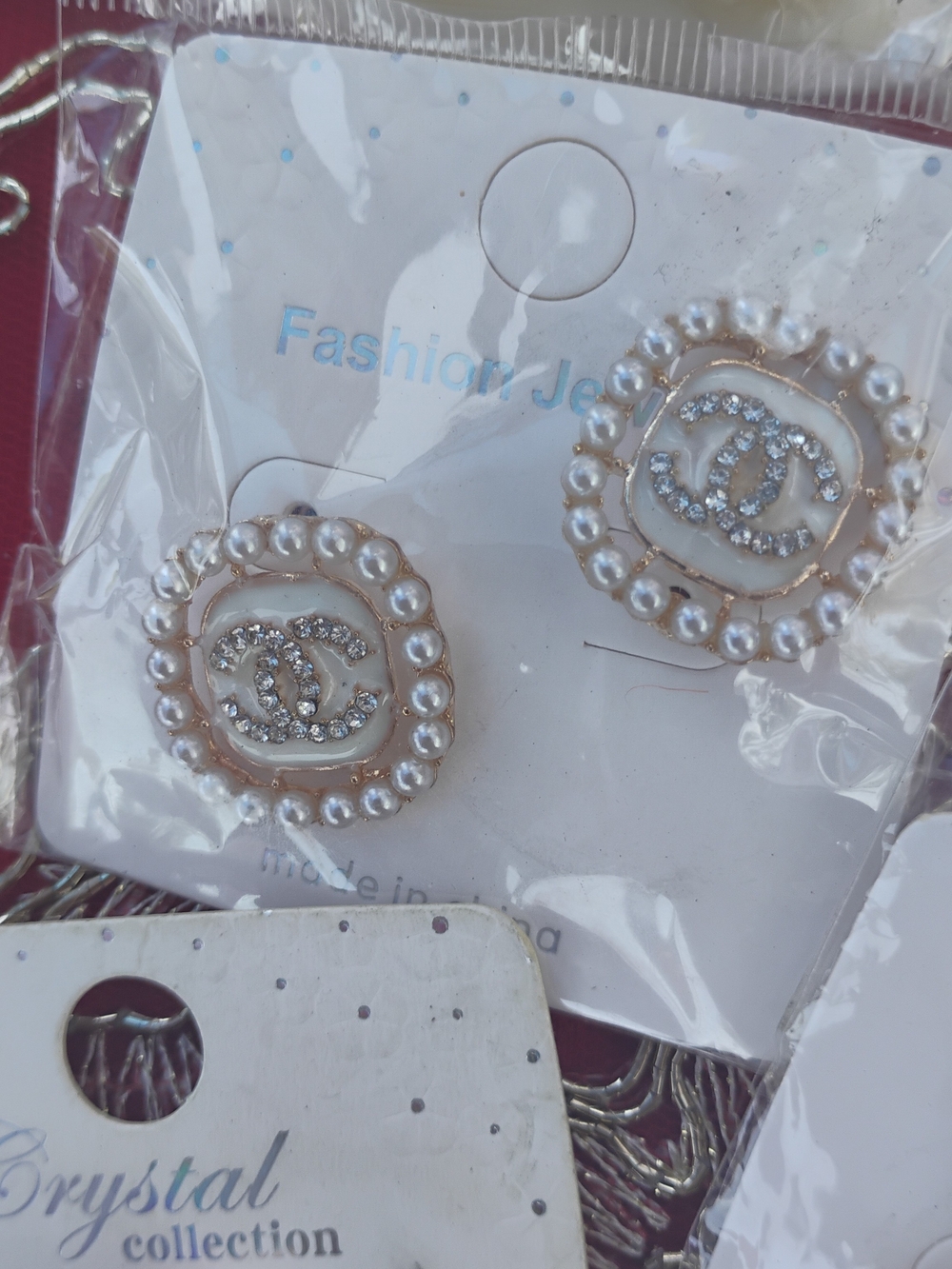 Pearl & Crystal Logo Disc Stud Earrings - Fashion Jewelry - White